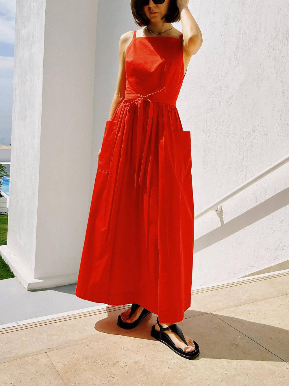 Unique Side Slit Lace Up Pocket Vest Dress