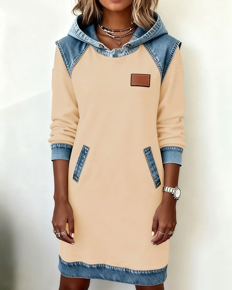 Hooded Long Sleeve Denim Patchwork Mini Dress Pocket