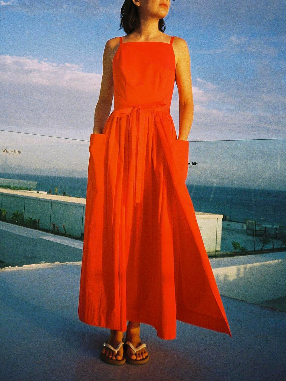 Spaghetti Strap Square Neck Tie Belt Side Pocket Maxi Dress