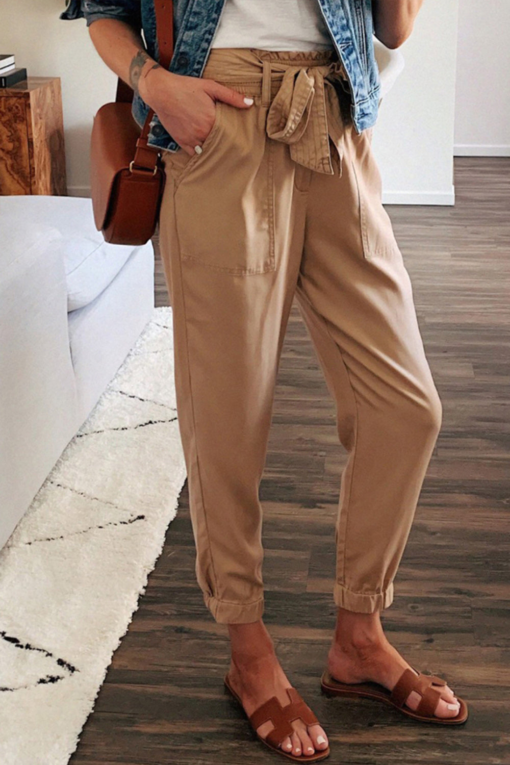 Solid Color Bow Belt Pocket Pants