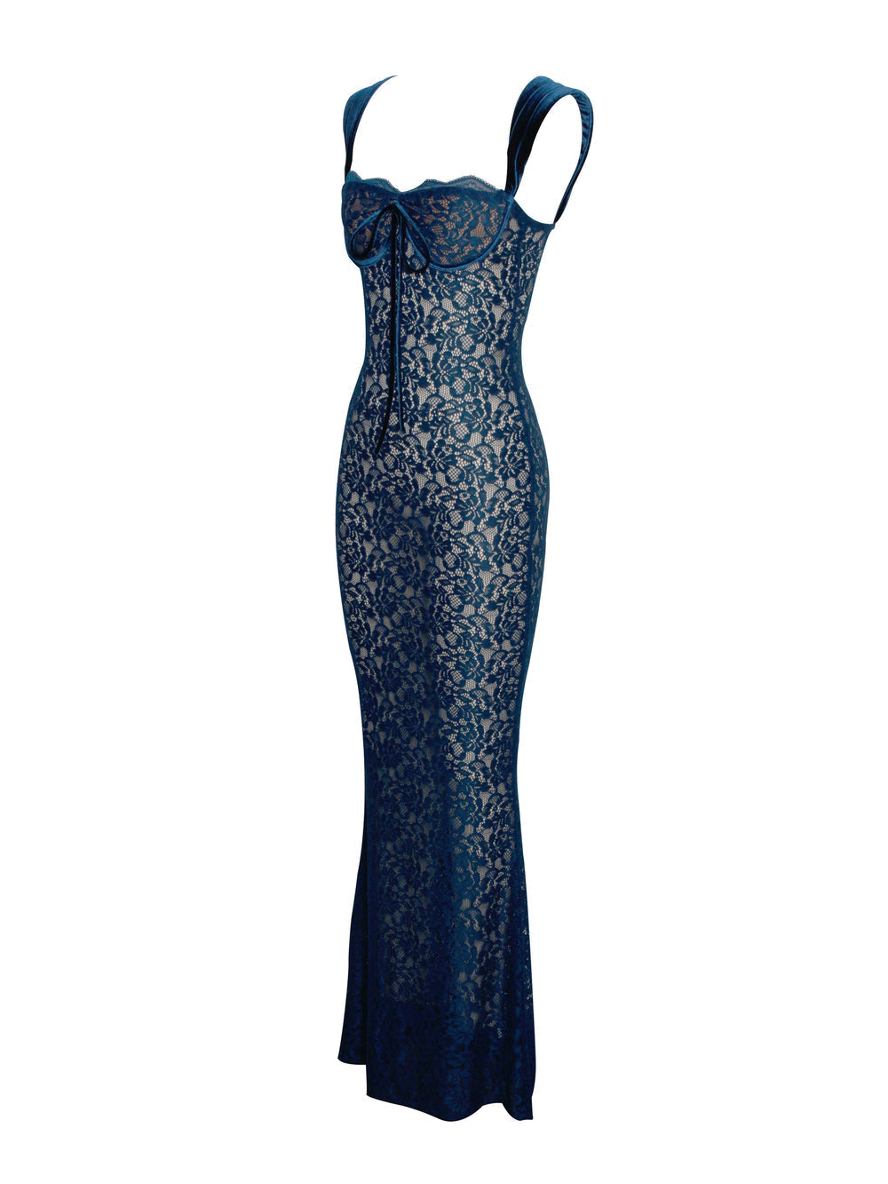 Sheer Lace Sweetheart Wide Strap Bodycon Maxi Dress 36
