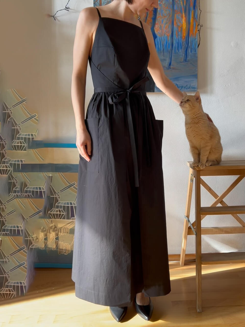 Spaghetti Strap Square Neck Tie Belt Side Pocket Maxi Dress