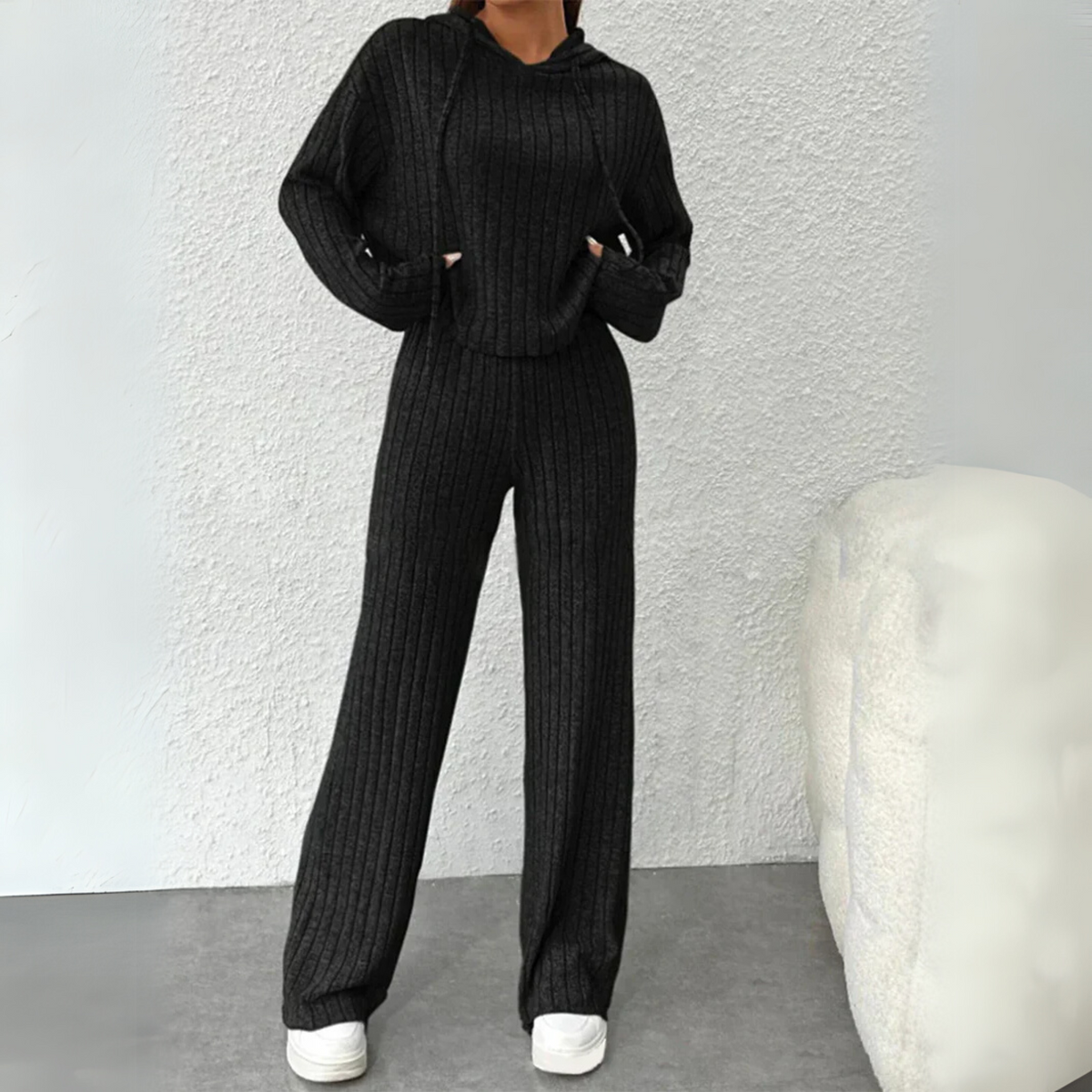 Ribbed Knit Hooded Top and Wide Leg Pants Two Piece Set