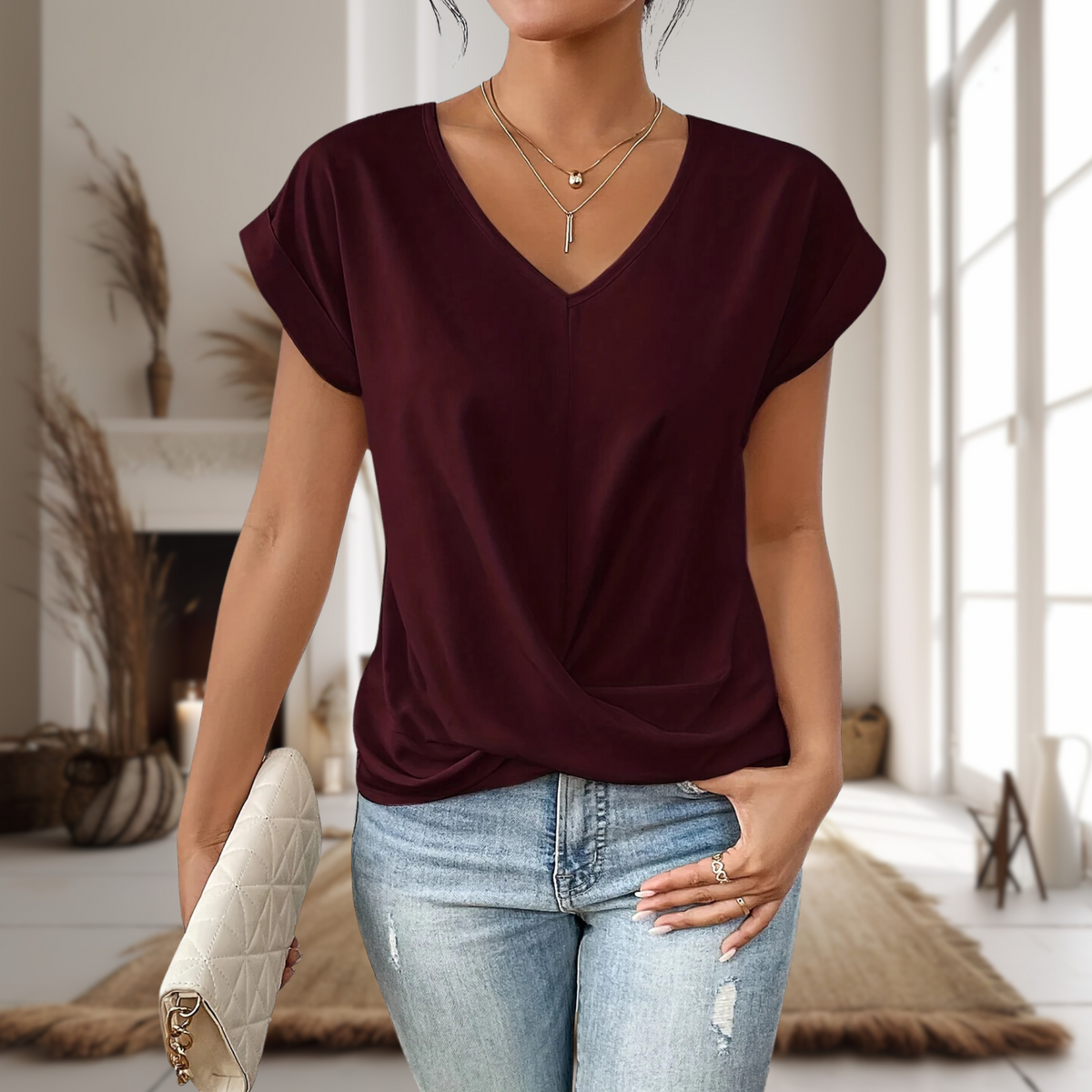 V-Neck Short Sleeve Twist Front Top