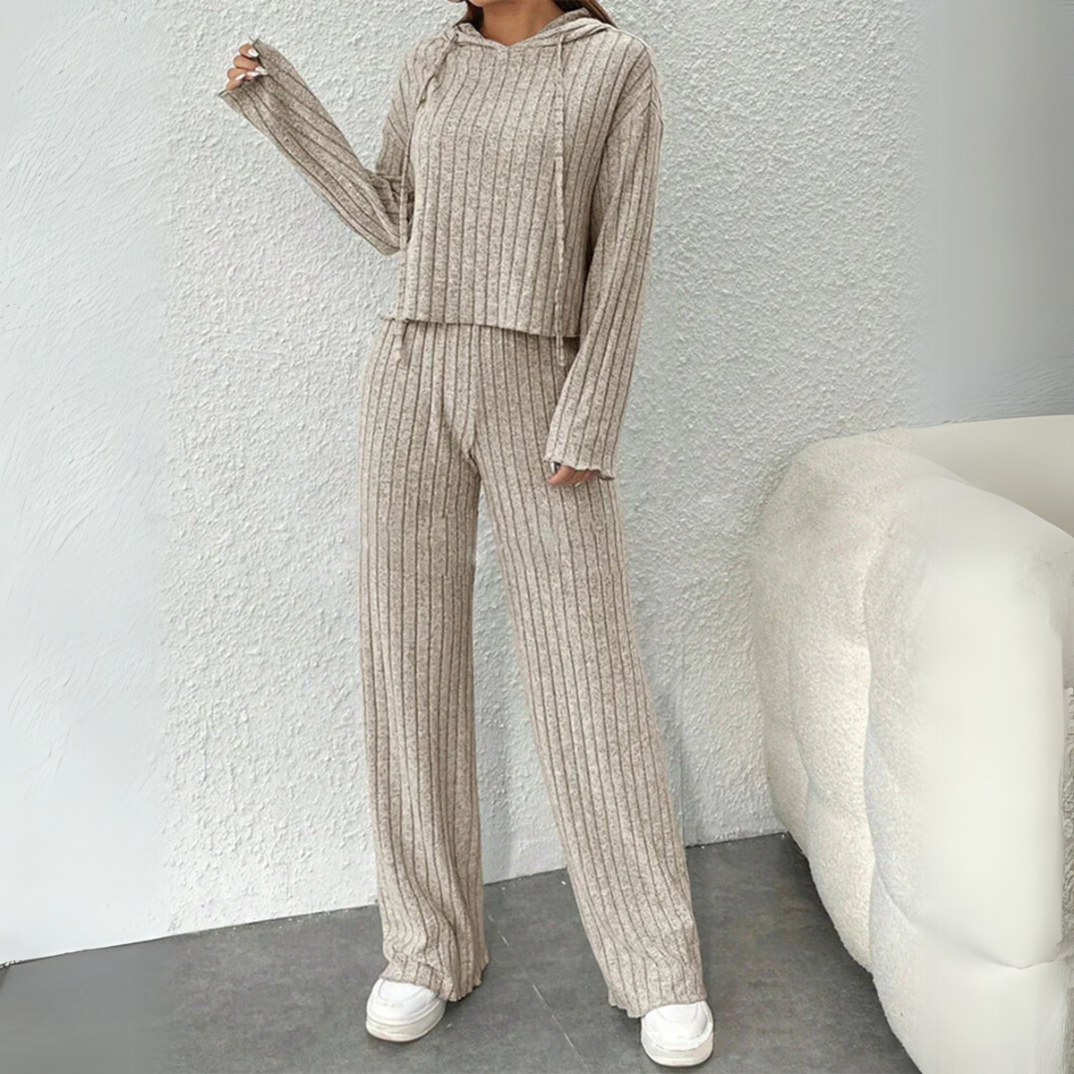 Ribbed Knit Hooded Top and Wide Leg Pants Two Piece Set