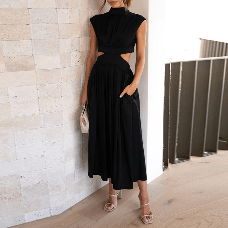 Mock Neck Cap Sleeve Cut Out Waist Pleated Midi Dress