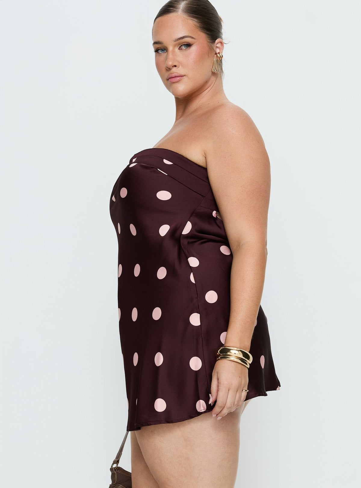 Polka Dot Satin Strapless Open Back Mini Dress 4