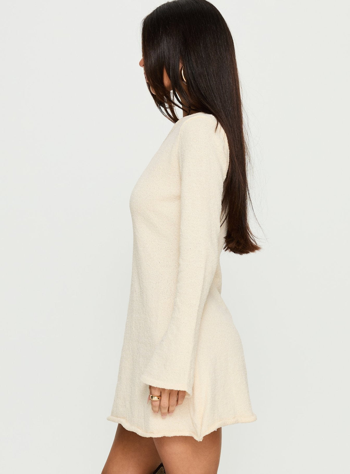 Knit Off Shoulder Long Flare Sleeve Mini Sweater Dress 3