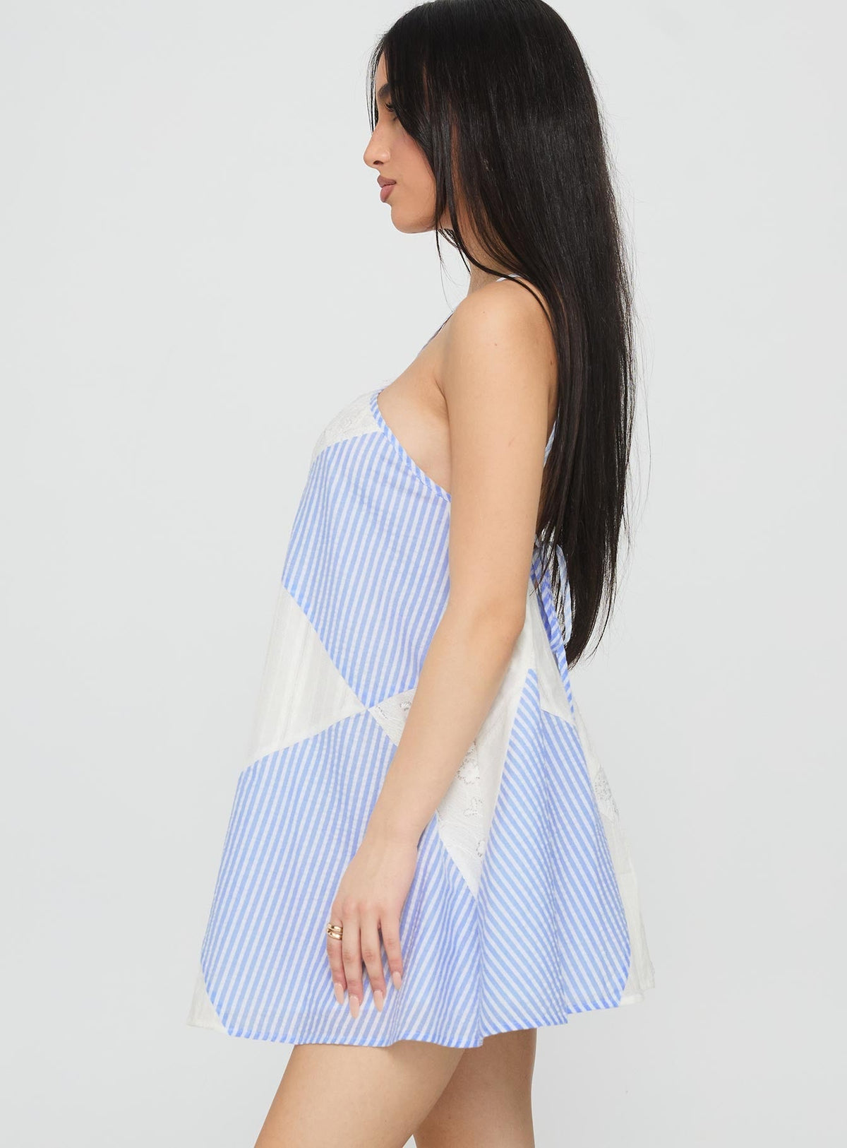 Striped Patchwork Embroidered Halter Neck A-Line Mini Dress 4