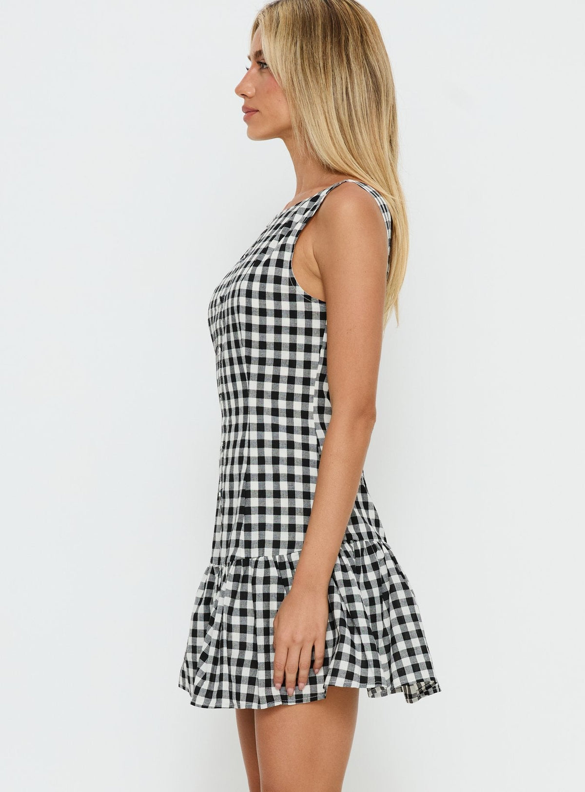 Gingham Boat Neck Button Front Sleeveless Ruffle Hem Mini Dress 2