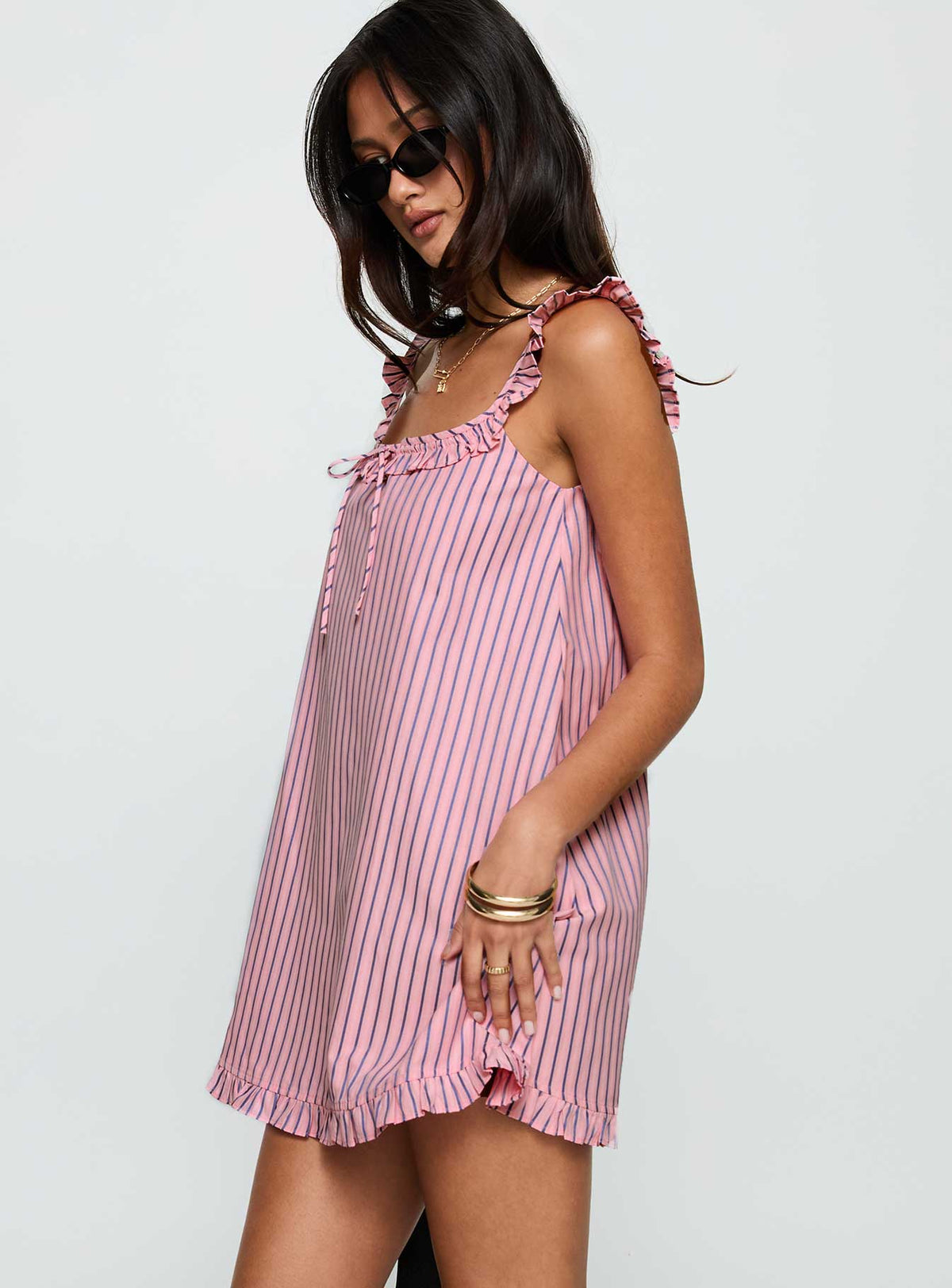Striped Ruffle Trim Square Neck Tie Front Babydoll Mini Dress 4