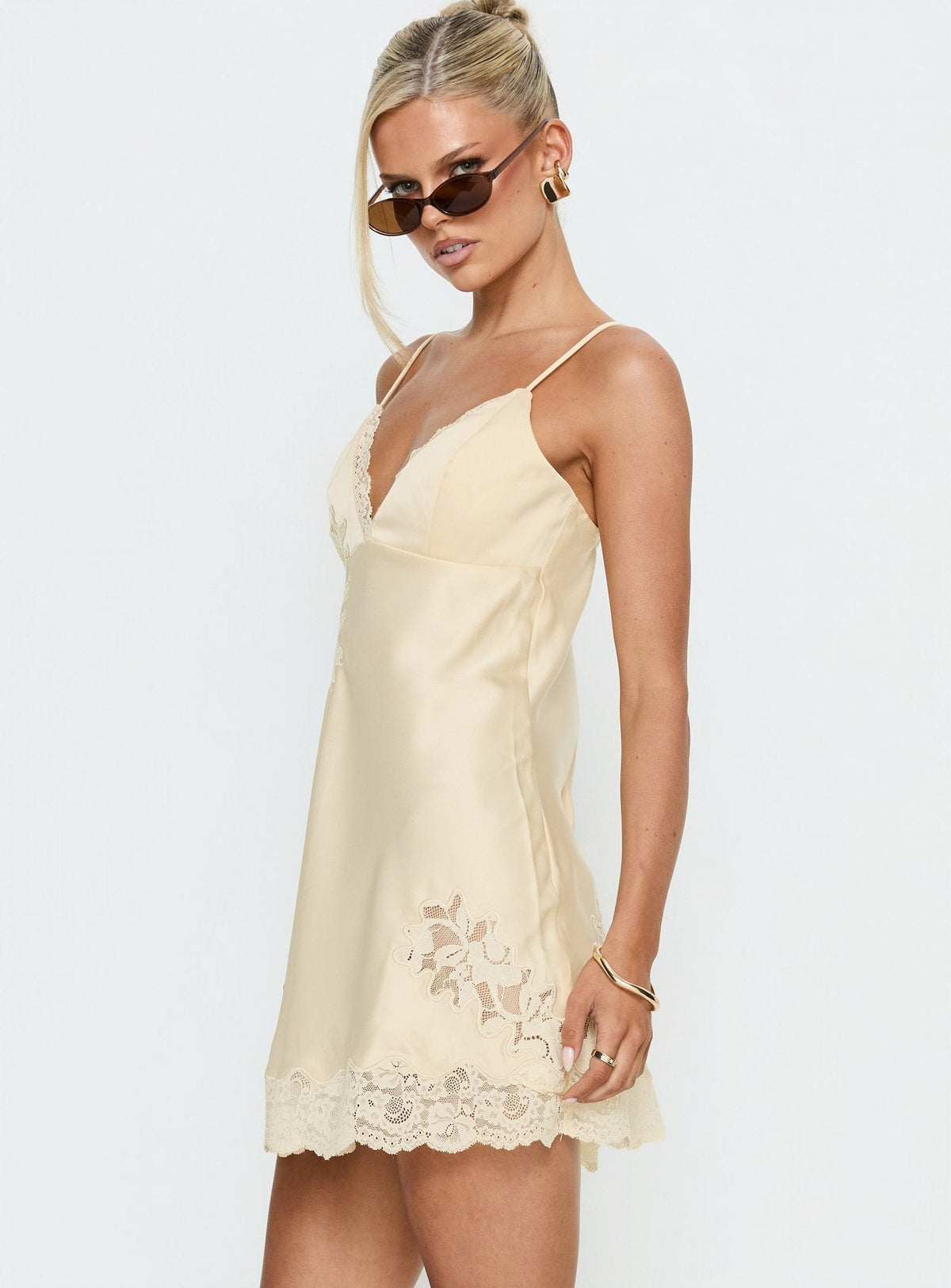 Satin Lace Trim V-Neck Cami Strap Embroidered Slip Mini Dress 4