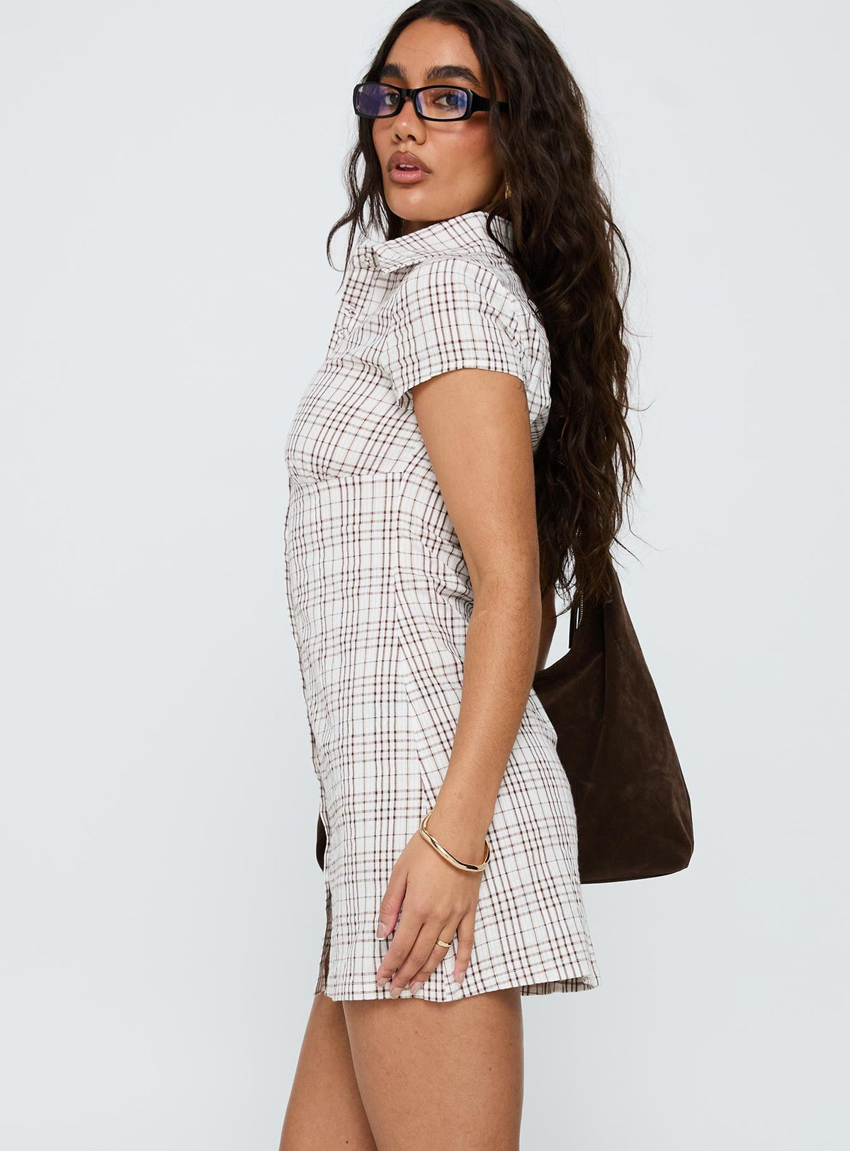 Plaid Collared Short Sleeve Button Front Mini Shirt Dress 4