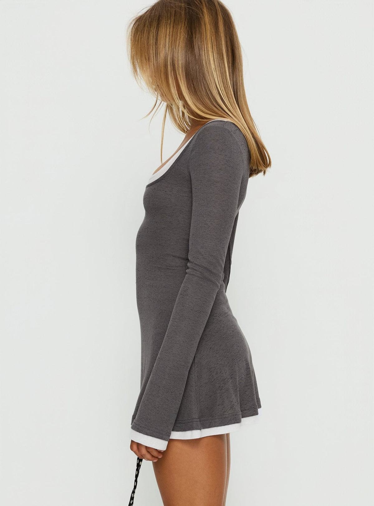 Contrast Trim Scoop Neck Long Sleeve Layered Look A-Line Mini Dress 4