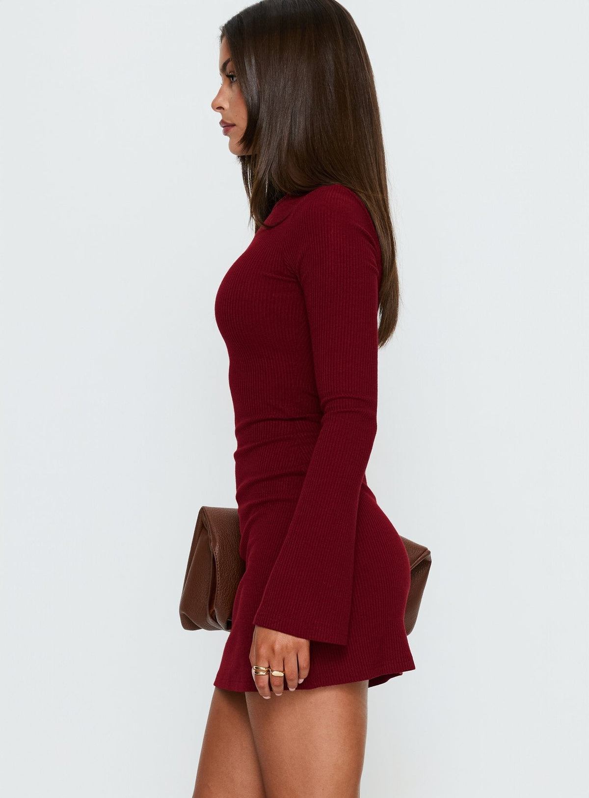 Ribbed Knit Crew Neck Flared Long Sleeve Bodycon Mini Dress 4