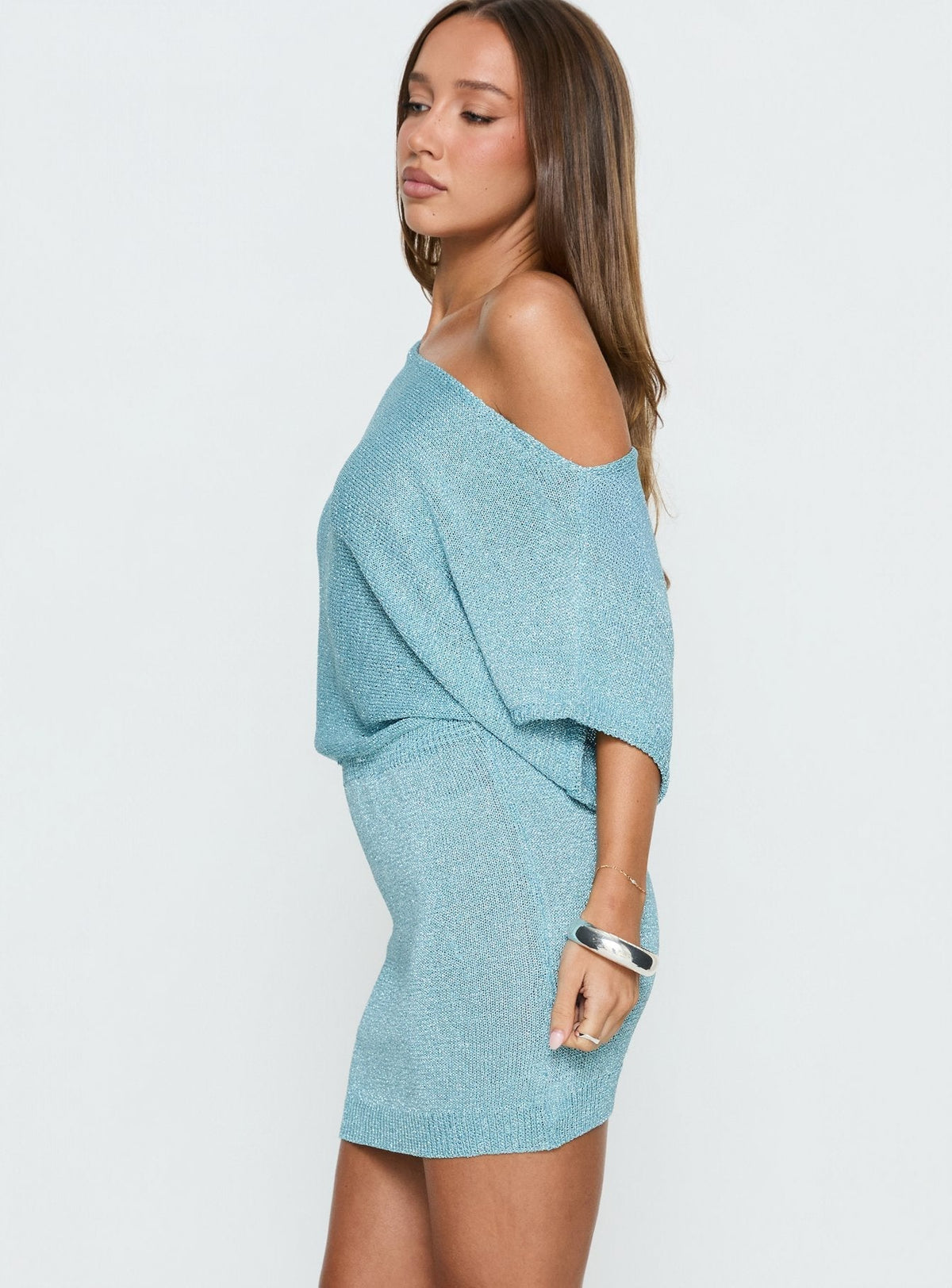 Metallic Knit Off Shoulder Batwing Sleeve Mini Sweater Dress 3