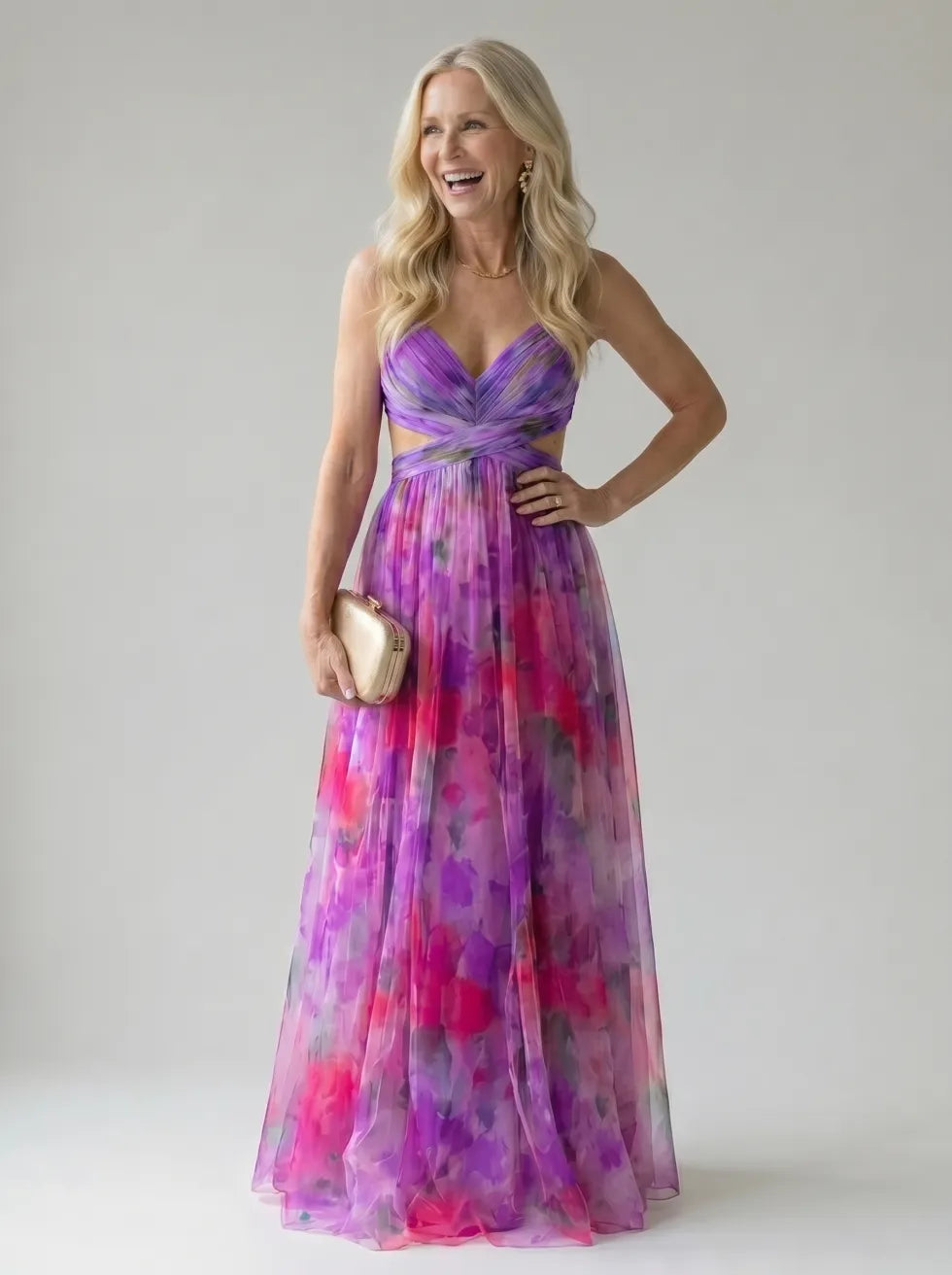 Floral V-Neck Twist Front Sleeveless Mesh Maxi Dress
