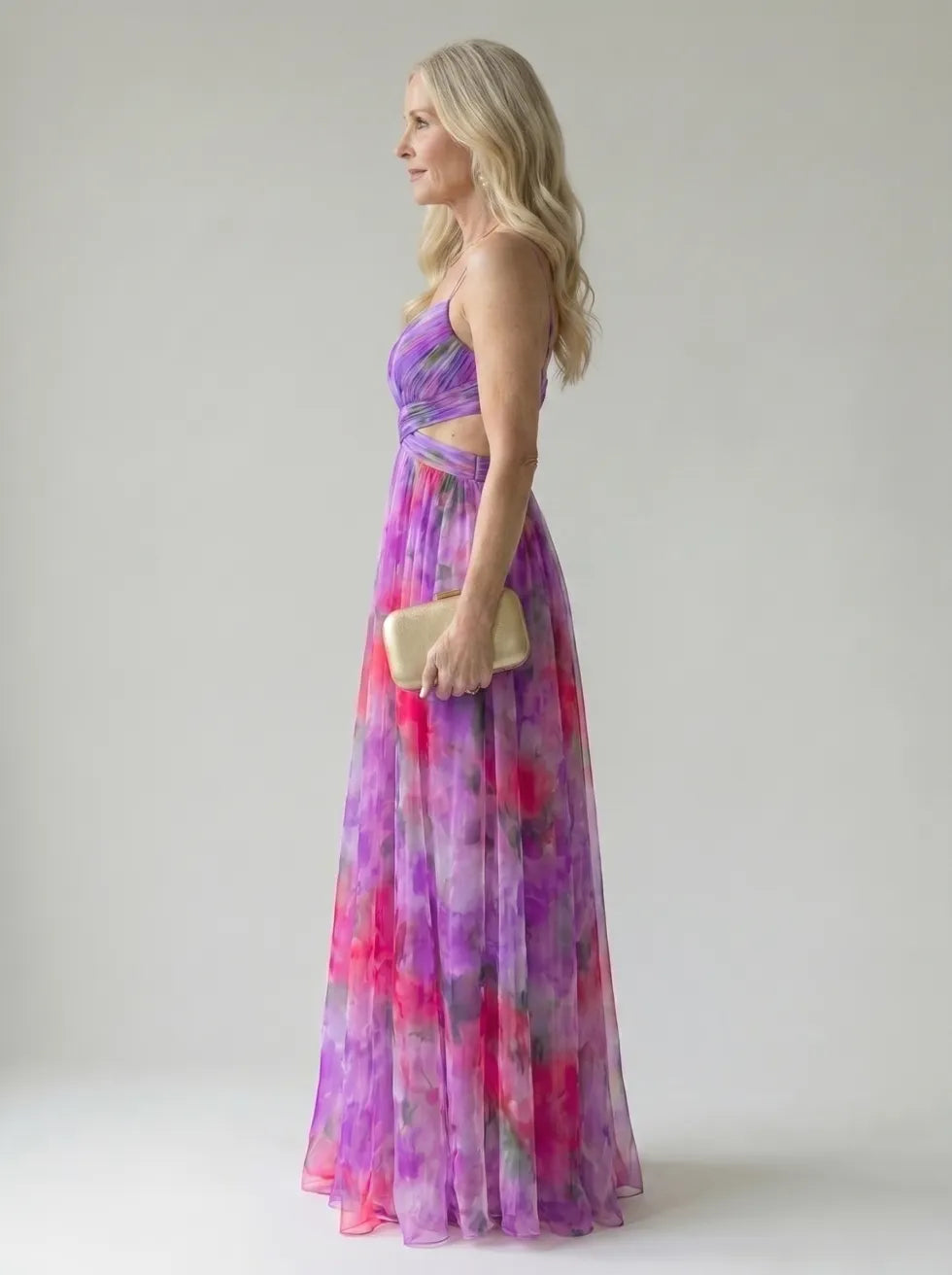 Floral V-Neck Twist Front Sleeveless Mesh Maxi Dress