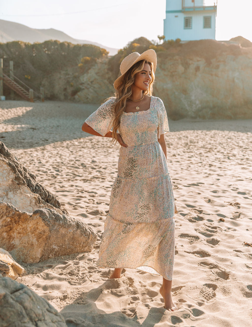 Maynard Printed Smocked Maxi Dress Cream