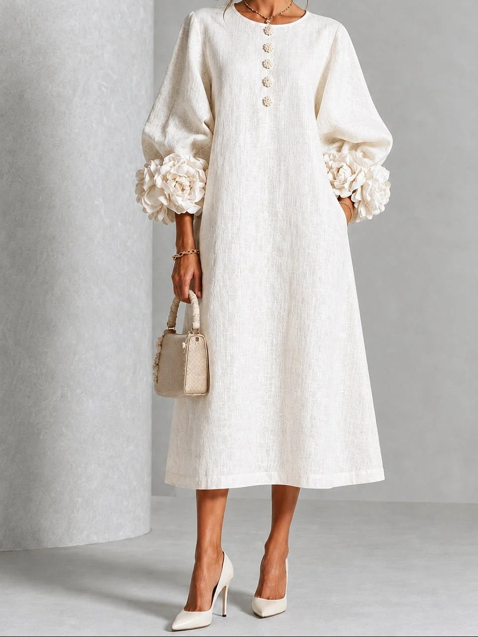 Round Neck 3D Floral Cuff Button Front Midi Dress