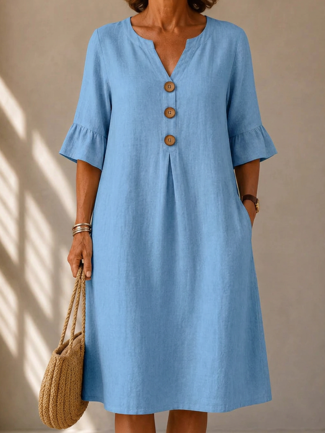 Notch Neck Wooden Button Flutter Sleeve Linen Look Midi Dress