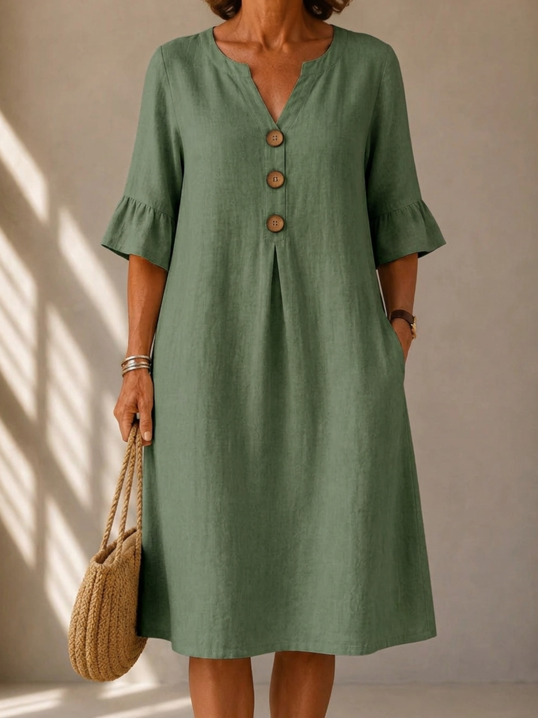 Notch Neck Wooden Button Flutter Sleeve Linen Look Midi Dress