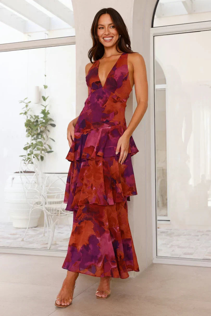 Abstract Print Plunge V-Neck Sleeveless Tiered Ruffle Maxi Dress 3