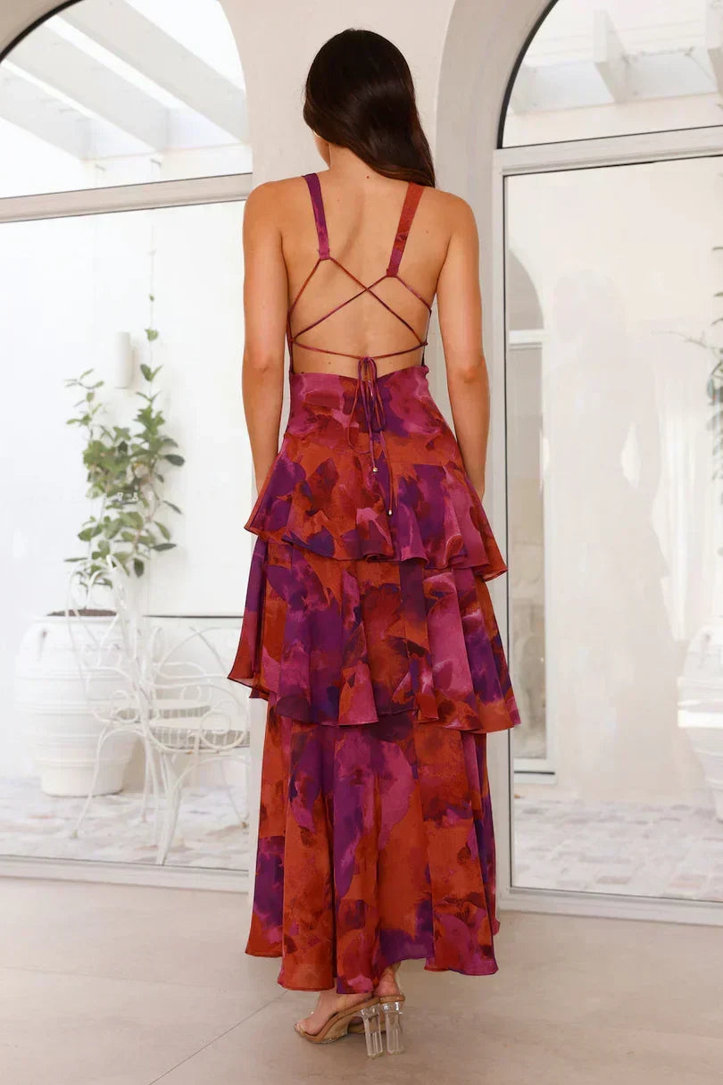 Abstract Print Plunge V-Neck Sleeveless Tiered Ruffle Maxi Dress 4