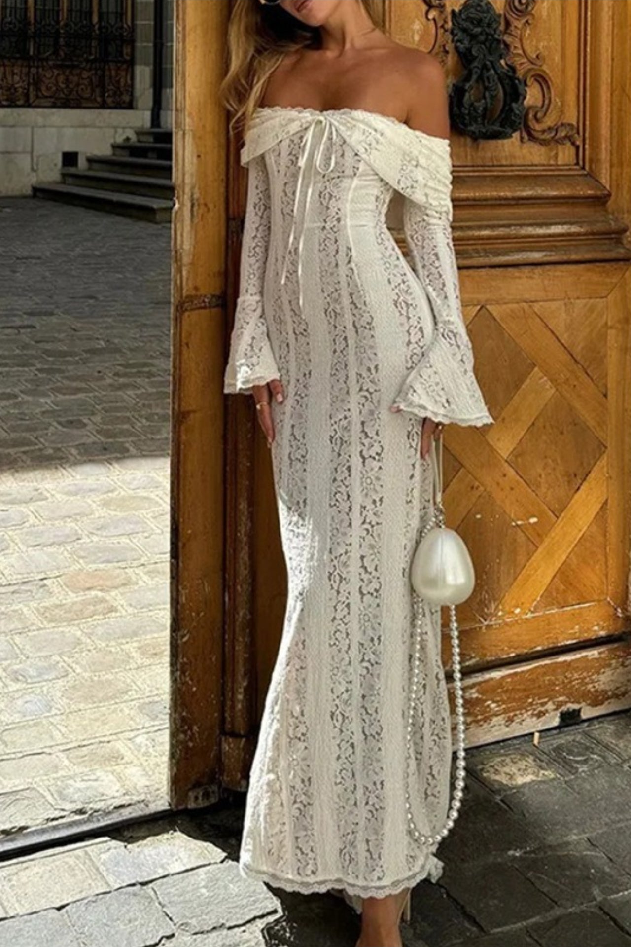 High-Waist Off-the-Shoulder Lace Dress