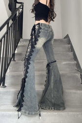 Vintage Washed Lace Flared Denim Jeans