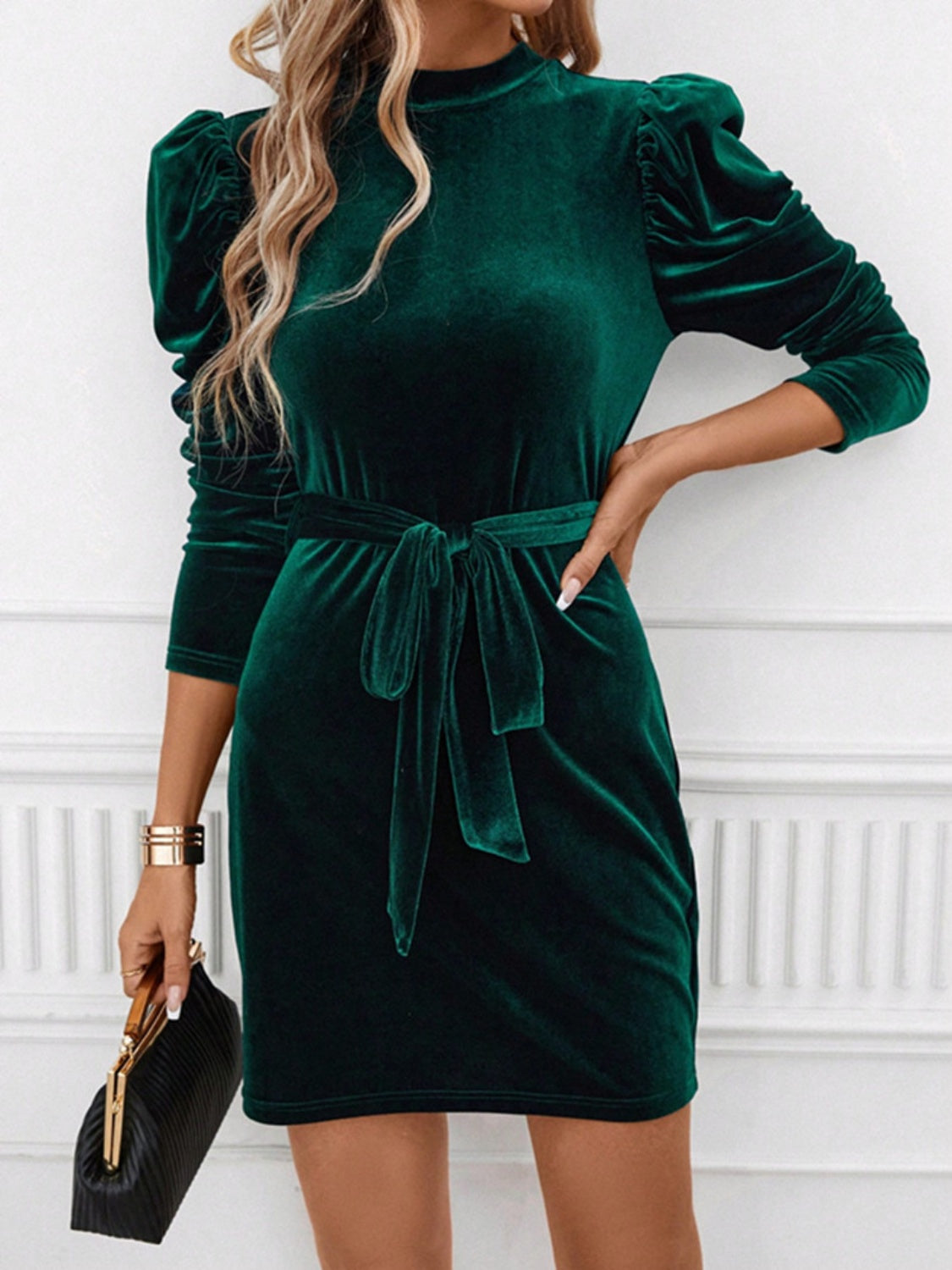 Noemí Timeless Mini Dress with Stand Up Collar, Tie Waist and Puff Sleeves Premium Wardrobe Essential