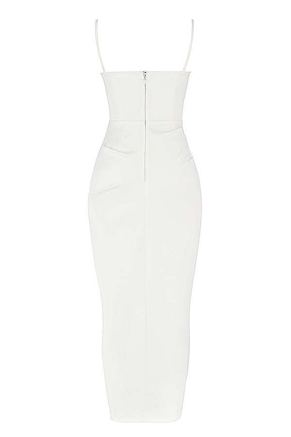 Satin Ruched Bust Spaghetti Strap High Split Midi Dress 11