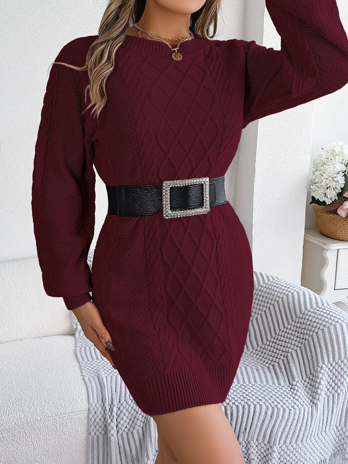 Diamond Cable Knit Crew Neck Long Sleeve Mini Sweater Dress 14