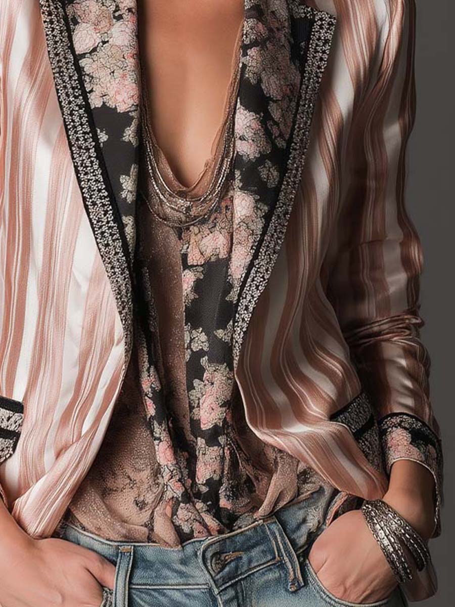 Striped Satin Floral Contrast Lapel Blazer