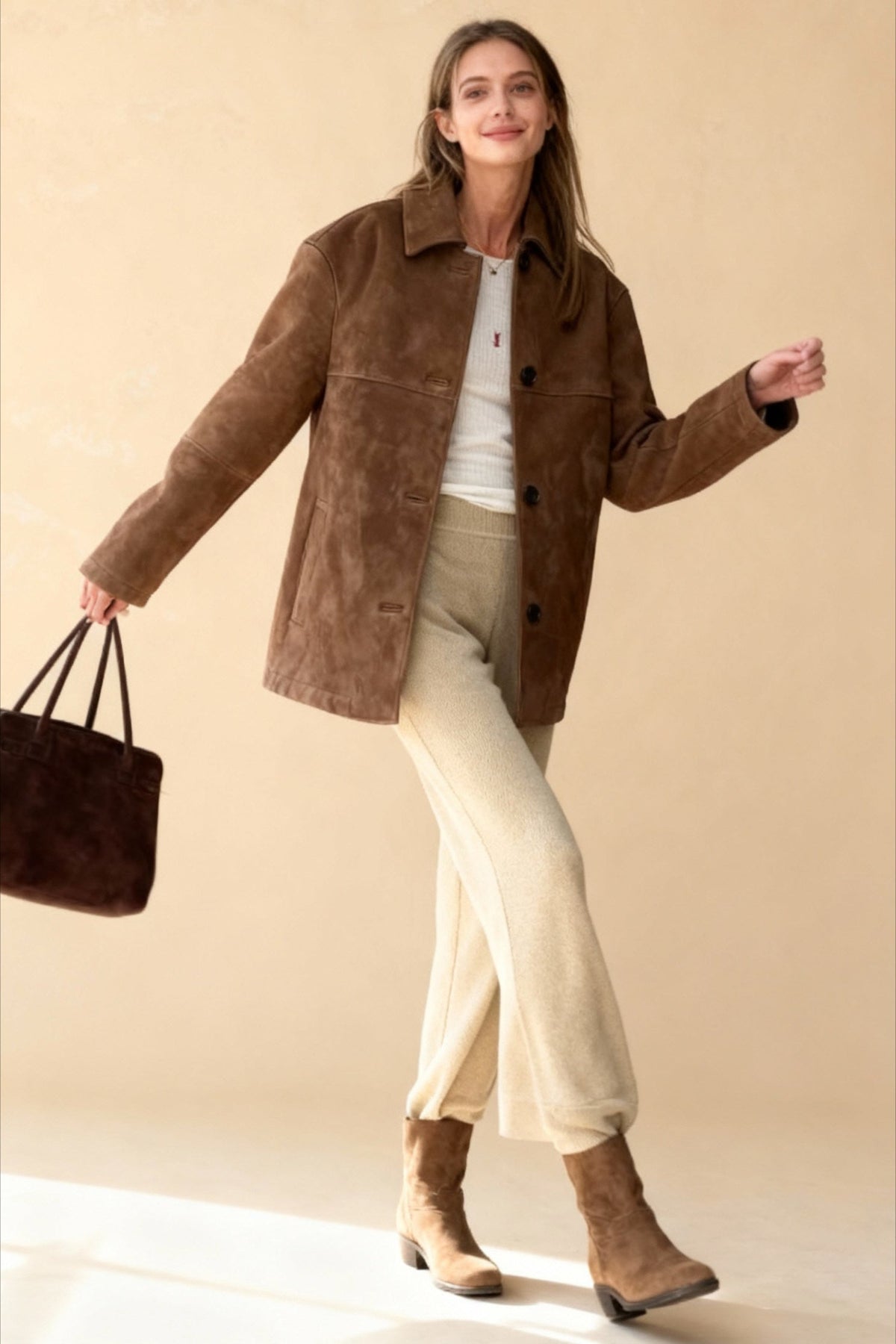 Suede Look Shirt Collar Button Front Oversized Longline Jacket