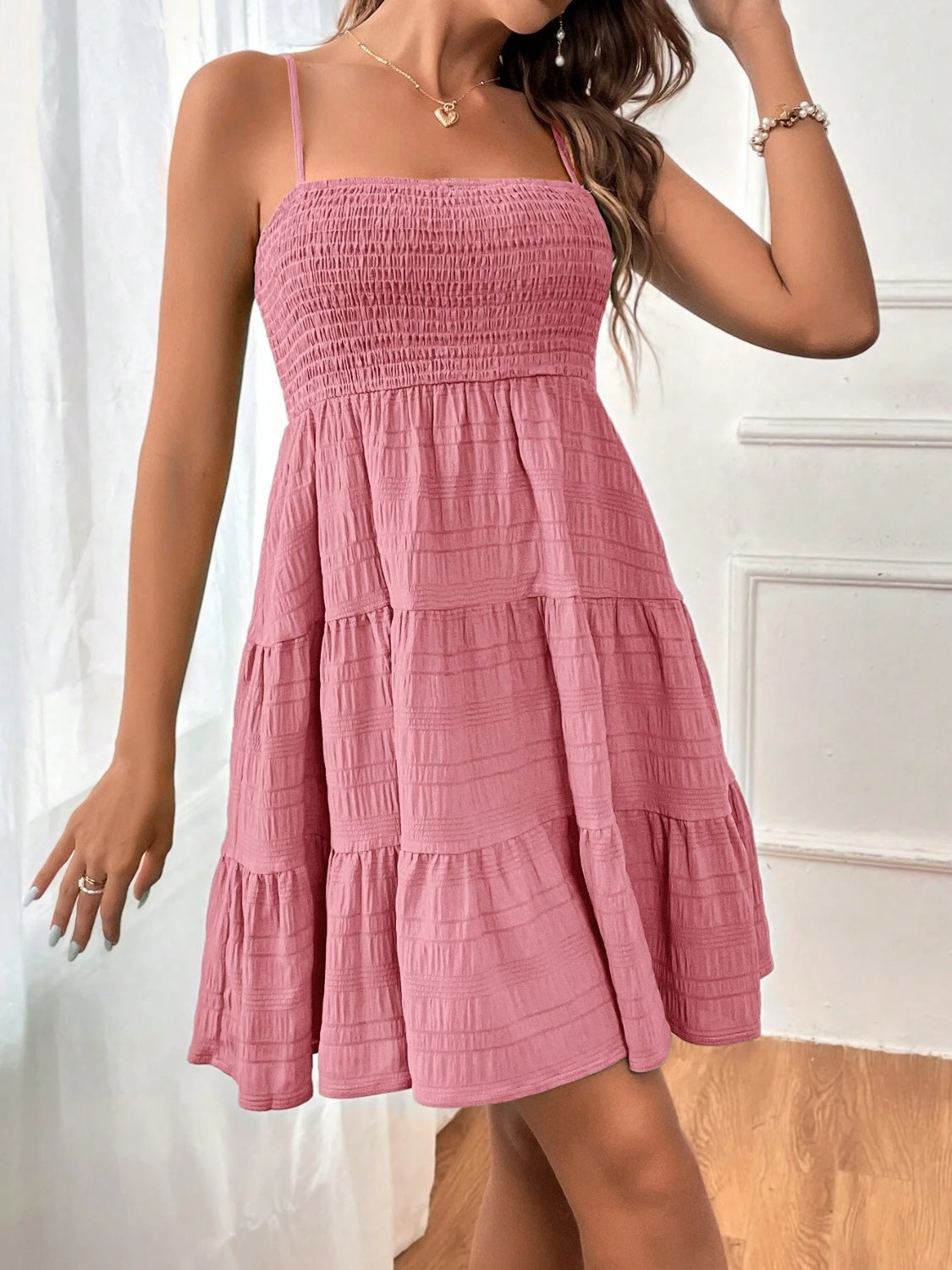 Smocked Tiered Sleeveless Mini Dress Light Mauve