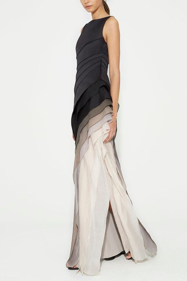 Sleeveless Boat Neck Ombre Tiered Diagonal Panel Maxi Gown 5