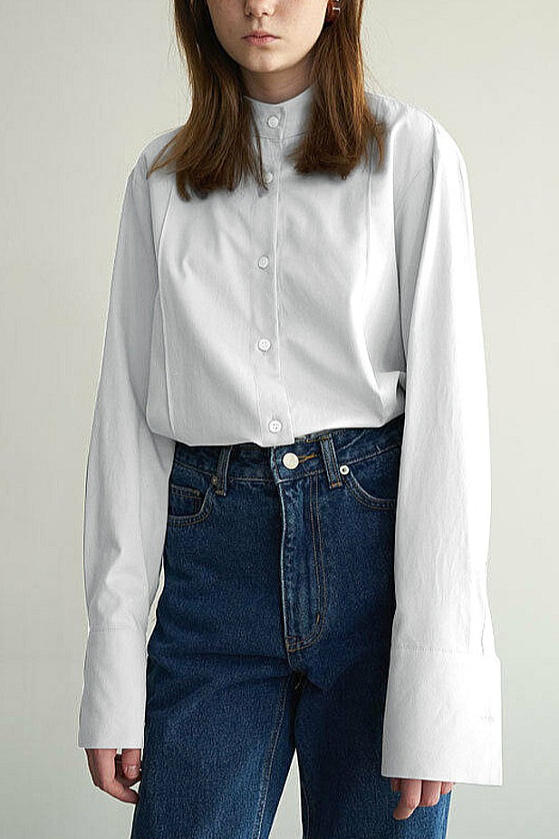 Tie Neck Stand Collar Long Sleeve Split Cuff Button Front Blouse 8