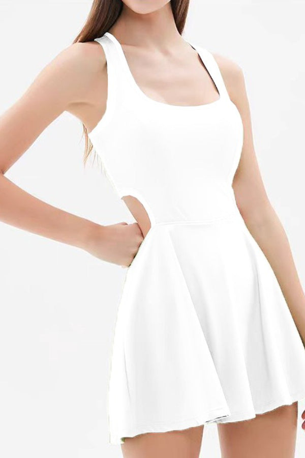 Contrast Trim Scoop Neck Cut Out Waist Flared Mini Tennis Dress 3