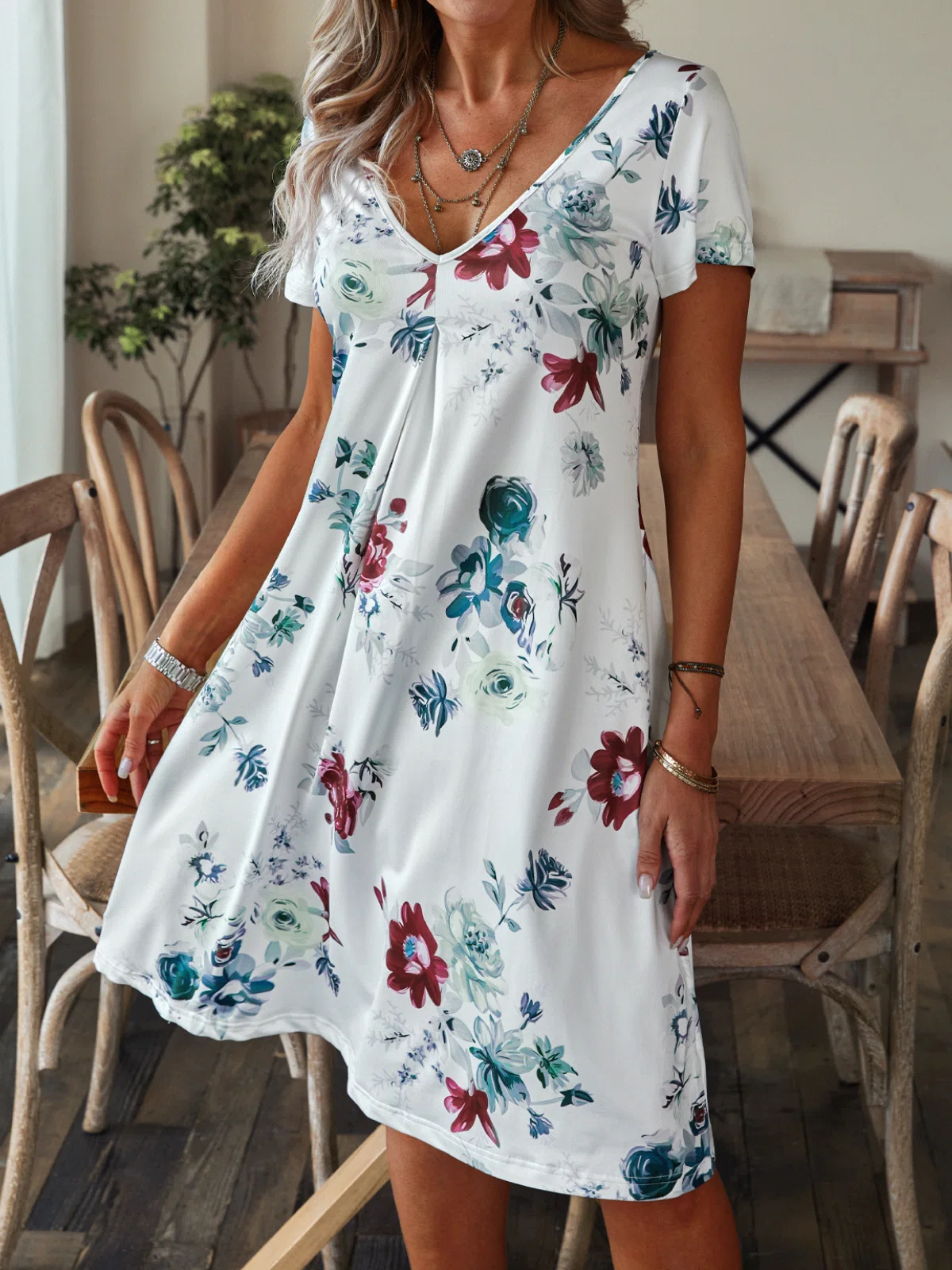 Boho Floral V neck Short Sleeve Knit Dress