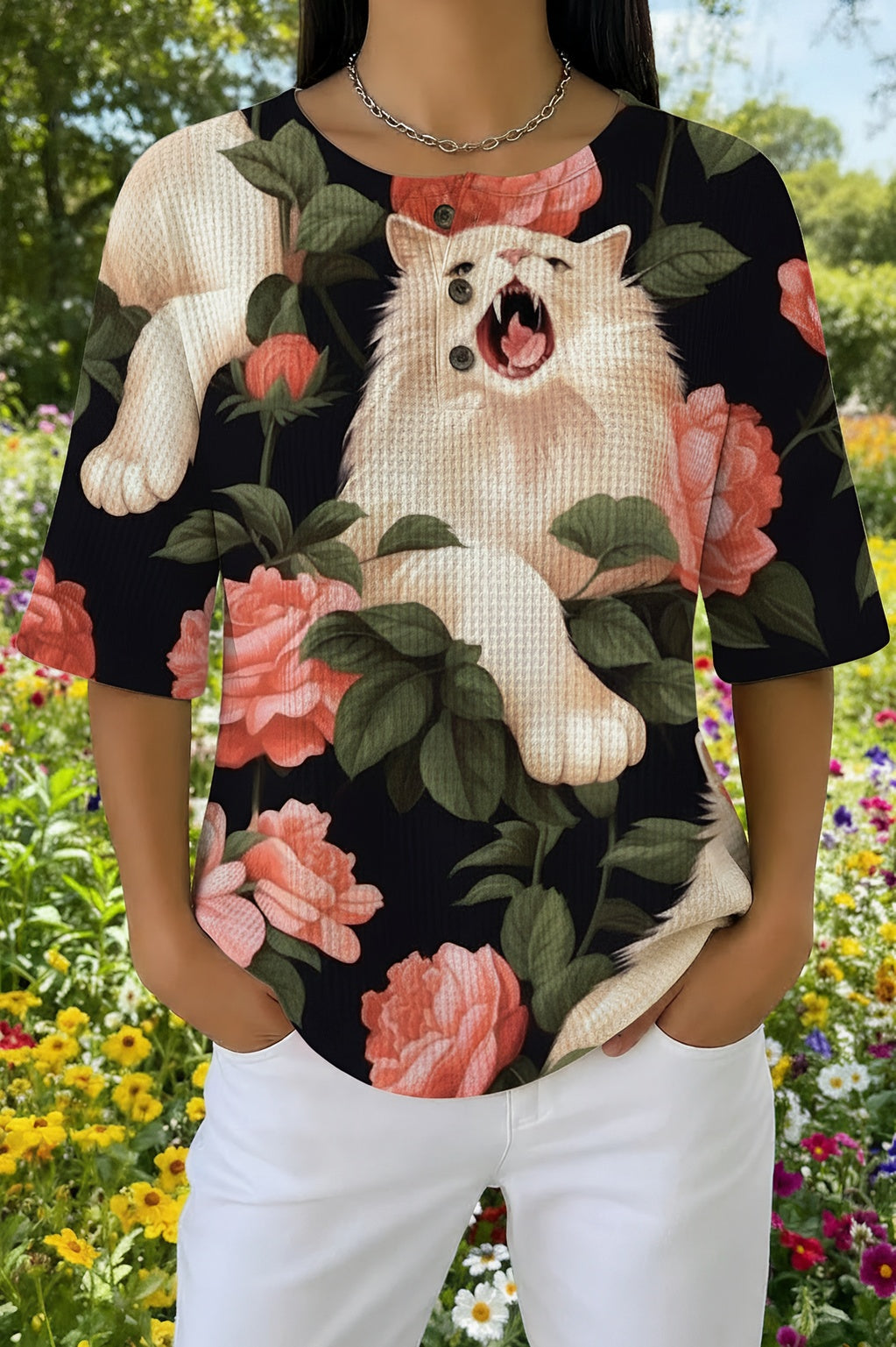 Womens Black Floral White Cat Print Casual Shirt