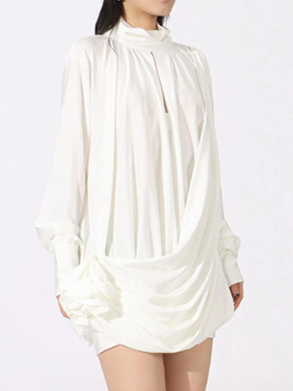 Mock Neck Long Sleeve Draped Rosette Keyhole Mini Dress 8