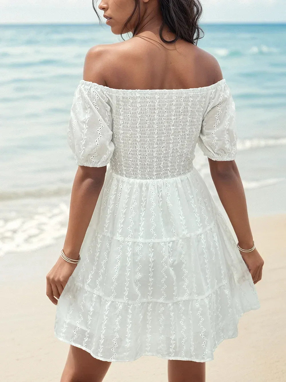 Eyelet Off Shoulder Puff Sleeve Smocked Bodice Tiered Mini Dress 2