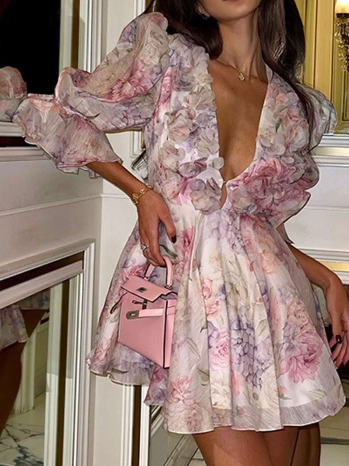 Floral Print Organza Deep V-Neck Puff Sleeve Ruffle Mini Dress 2