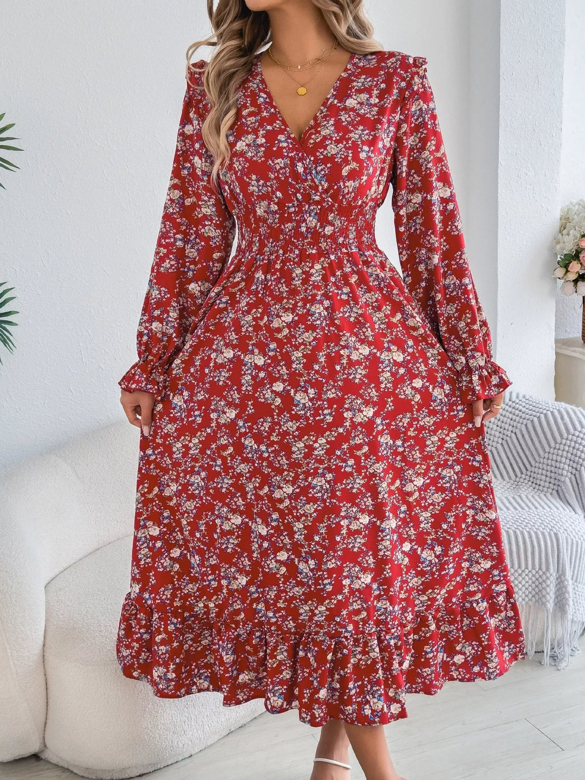 Floral Print Surplice V-Neck Ruffle Shoulder Smocked Waist Tiered Midi Dress 9