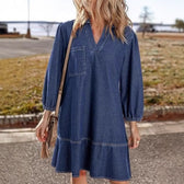 Denim V-Neck Puff Sleeve Pocket A-Line Mini Dress