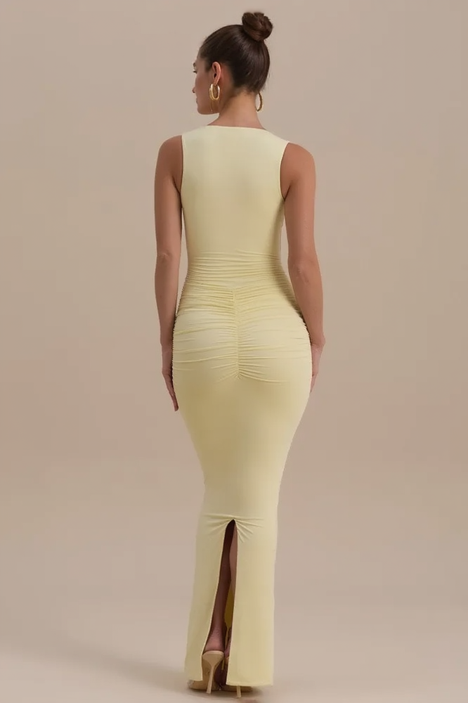 Sleeveless V Neck Ruched Back Slit Bodycon Party Dress