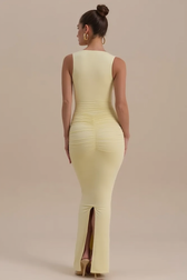 Sleeveless V Neck Ruched Back Slit Bodycon Party Dress