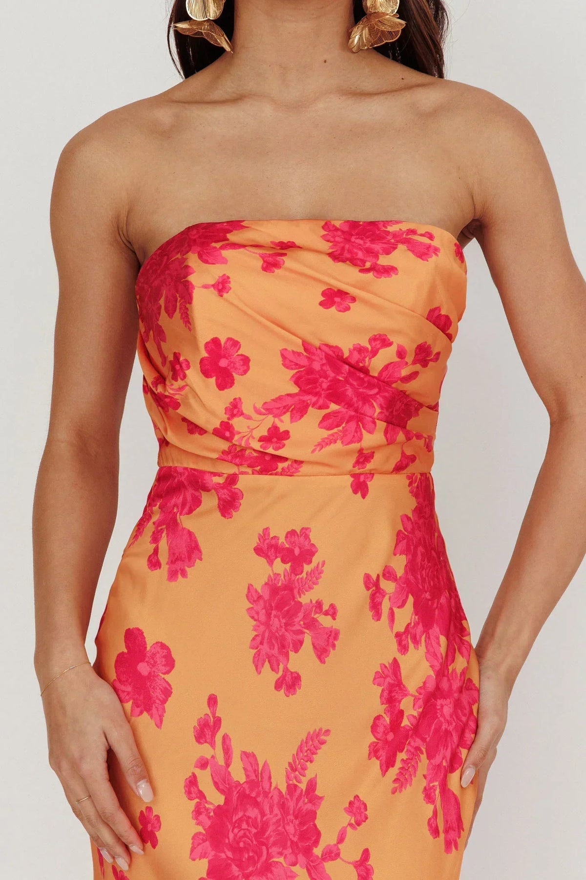 Floral Print Satin Strapless Bias Cut Maxi Dress 4