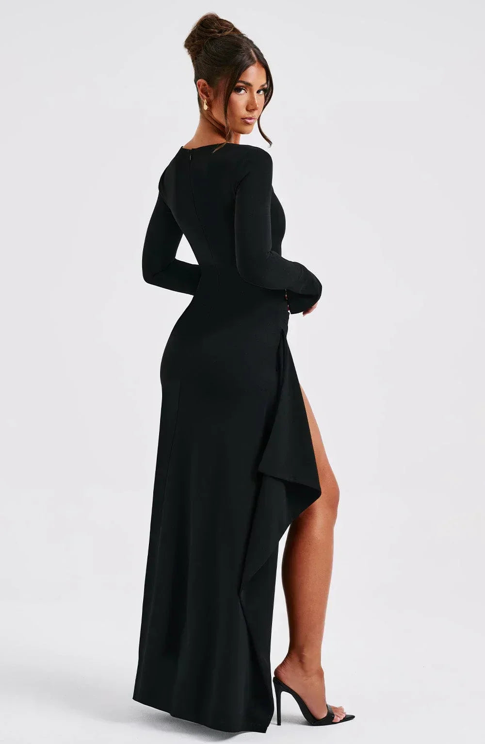 Square Neck Long Sleeve High Split Draped Side Maxi Dress 5